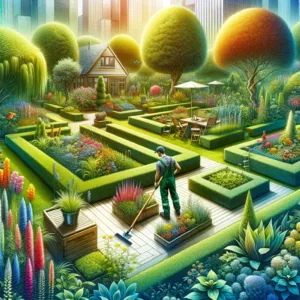 A vibrant landscaped garden with diverse, well-maintained plants and flowers, featuring a gardener pruning and planting using modern tools, demonstrating efficient landscape management