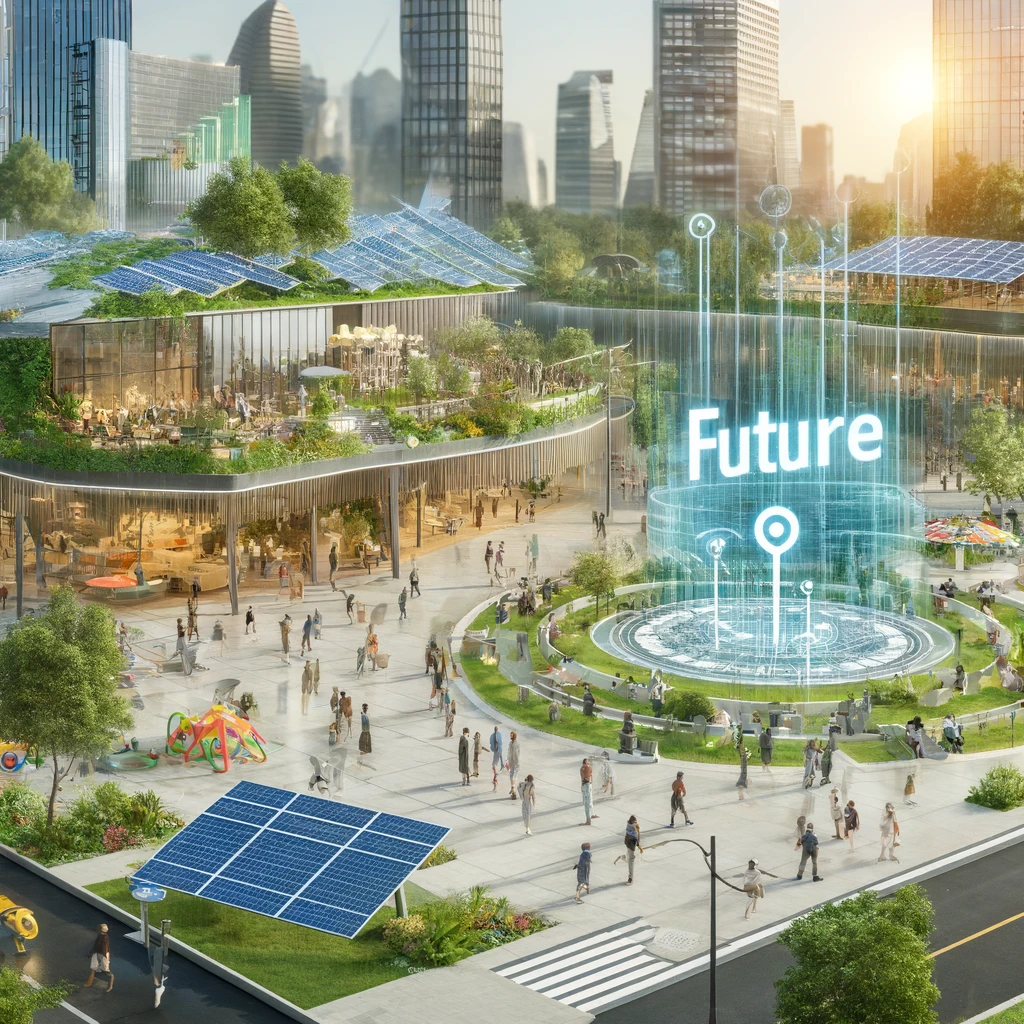 Futuristic urban park with advanced green technologies like solar panels and smart irrigation systems, featuring digital information boards and an eco-friendly playground, bustling with diverse people enjoying the inclusive, sustainable space.