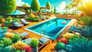 Beautifully maintained pool deck with a clean, sparkling pool surrounded by loungers and lush greenery under a clear blue sky.